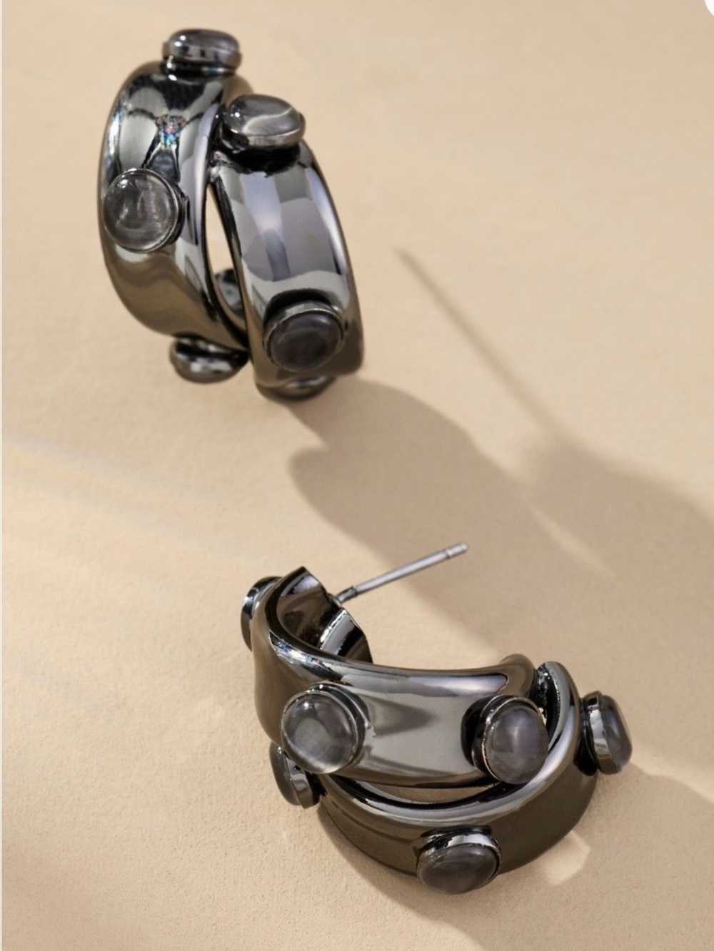 Anthropologie gun metal Earrings and grey stone double hoop
